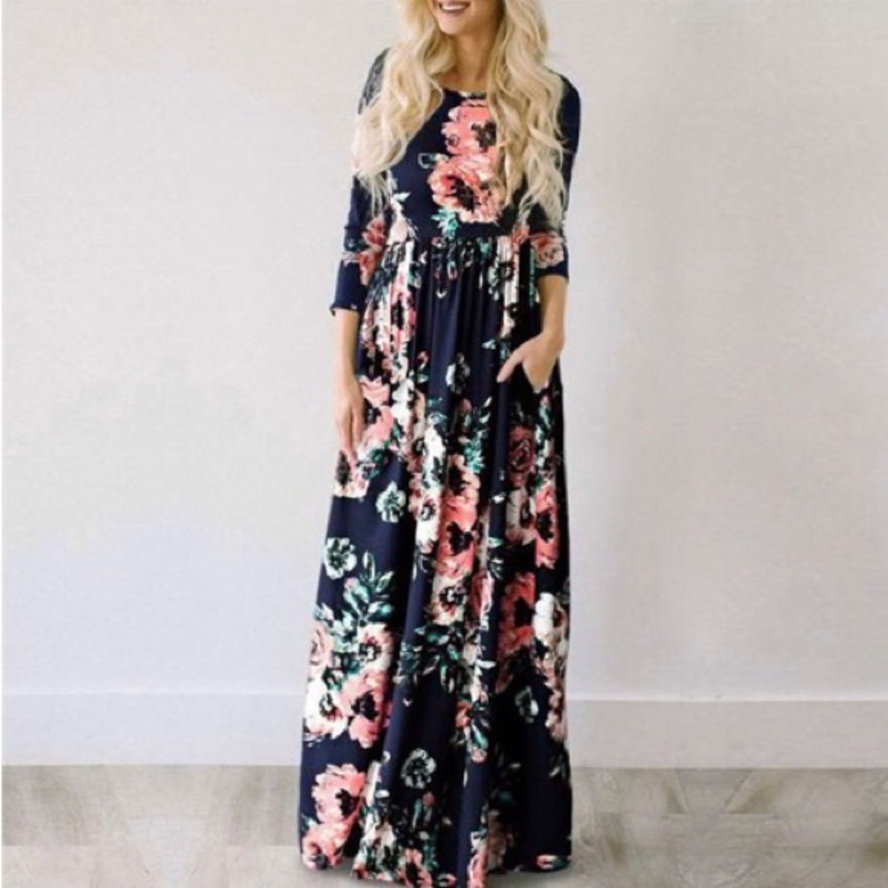 navy blue floral long sleeve maxi dress